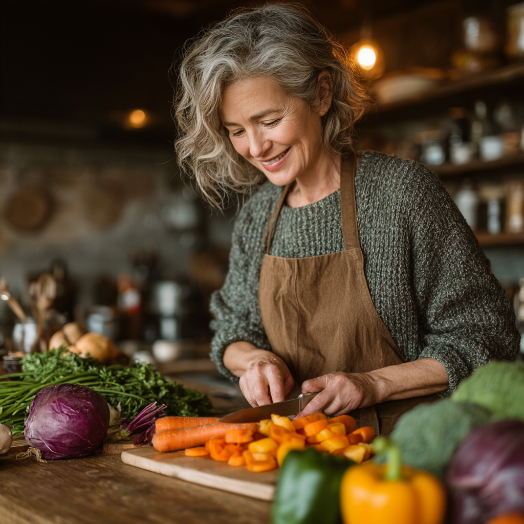Healthy middle-aged woman in her 50s preparing nutritious vegetables in a modern kitchen, smiling while chopping colorful fresh produce on a wooden cutting board