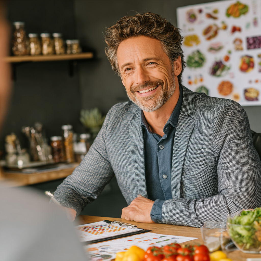 Professional nutritionist man in his 40s consulting with a client, sitting at a clean modern desk with healthy food samples and nutrition charts, wearing a friendly smile and business casual attire